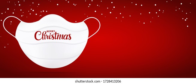 Web Banner Christmas greetings with white medical mask with Merry Christmas writing. Red background. Copy space. Coronavirus Best wishes -from or for- healthcare workers or hospital staff