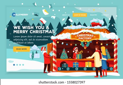 Web banner Christmas holiday concept, festive fair in the city. Winter festive fair, stalls with gifts and garlands. People are buying Christmas presents. Christmas magic factory, with gifts and toys.