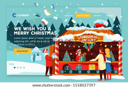 Web banner Christmas holiday concept, festive fair in the city. Winter festive fair, stalls with gifts and garlands. People are buying Christmas presents. Christmas magic factory, with gifts and toys.