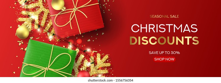 Web banner for Christmas sale. Holiday background with red and green gift boxes, light garlands, Christmas golden balls, confetti and snowflakes. Vector illustration. Seasonal discount.