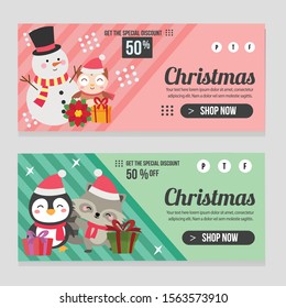web banner christmas template cute characters flat style vector illustration