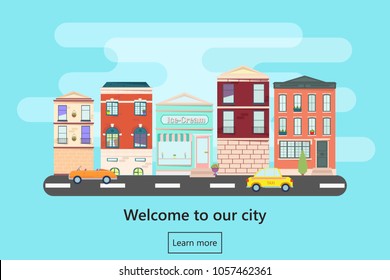 Web banner with city landscape. City landscape. Urban landscape in flat style. Welcome banner.Vector illustration.