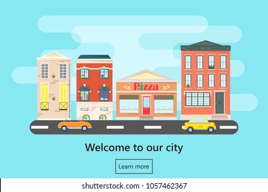 Web banner with city landscape. City landscape. Urban landscape in flat style. Welcome banner.Vector illustration.