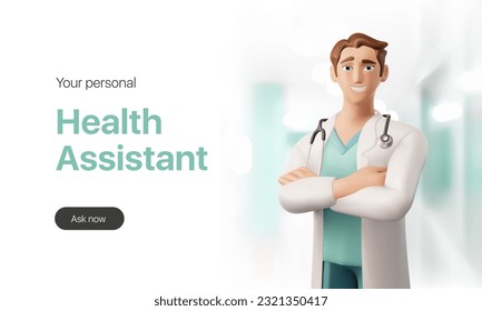 Web banner for clinical diagnostics. 3d character of a crossed arms doctor in a white coat with a stethoscope for a landing page. Vector illustration eps10