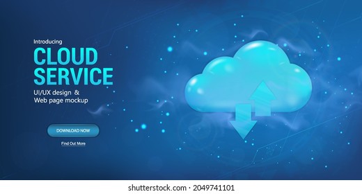 Web banner Cloud Storage. Blue illustration digital service or application with data exchange for hosting or cloud service. Working with a remote server, big data for sites, networks or programs.