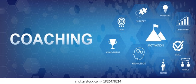 Web banner Coaching with conceptual icons. Training and success, coach, motivation, target, inspiration, teaching, support and advice. 
Vector infographic Coaching concept. Vector illustration
