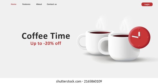 banner web para la hora del café con dos tazas de café y reloj rojo 3d ilustración