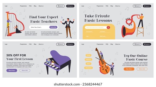 Web banner collection for musical school offer. Flat tiny man woman character play at musical instruments, vector illustration. Online education advertising at landing page collection