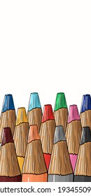 Web banner with Colored pencils laying in row and empty space for text.  Set of crayons for illustrations, art, studying. Ready for school stuff. Vector