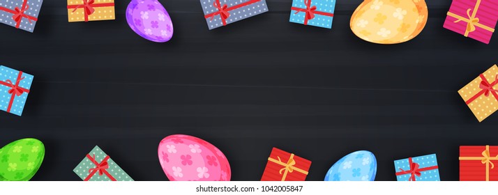 Web banner with colorful eggs and gift boxes with space for your text.