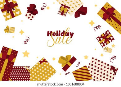 Web banner. Colorful red and gold Pattern Gift Box with Ribbon and Bow for holidays sale time. Valentine's day, anniversary, women's holidays, mother's day etc.