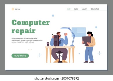 Web banner for computer repair service center with professional technicians. Male repairmen with tools fix broken hardware. Flat cartoon vector illustration.
