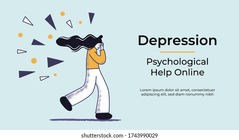 Web banner with a concept of depressed desperate woman running under the attack of sharp problems. Flat vector illustration. Psychological help online template.