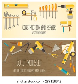 Web Banner Concept Of DIY Shop. Vector Flat Design Background With Construction Tools And Home Repair Kit.