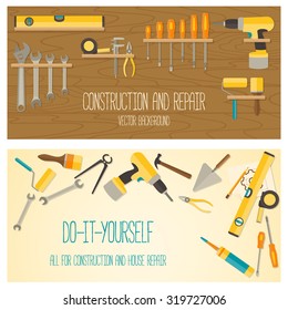 Web banner concept of DIY shop. Vector flat design background with do-it-yourself tools for construction and home repair on wooden surface. 