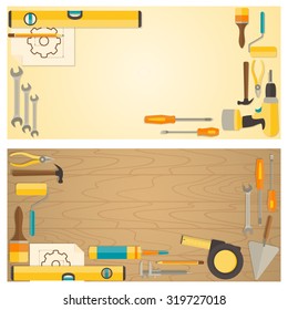 Web banner concept of DIY shop. Vector flat design background with do-it-yourself tools for construction and home repair on wooden surface. 