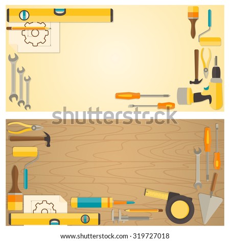 Web banner concept of DIY shop. Vector flat design background with do-it-yourself tools for construction and home repair on wooden surface. 