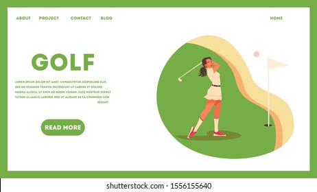 Web banner concept with a female golf player on green field. Woman holding a golf club and hitting the ball. Healthy outdoor lifestyle. Isolated illustration