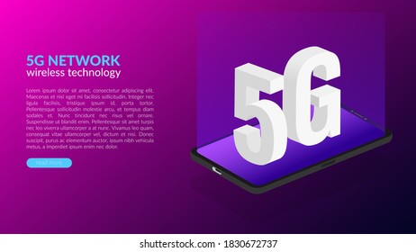 Web banner concept, new fifth generation network technologies, 5G mobile wireless communication. Vector isometric illustration of a smartphone with letters on it. Place for text, button. Copyspace.