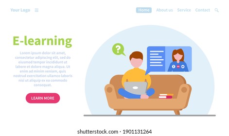 Web banner concept for online education. E-learning. Can be used on websites and mobile applications. Student to study at home during quarantine using a laptop. Landing page template. Online courses.