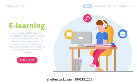 Web banner concept for online education. E-learning. Can be used on websites and mobile applications. Student to study at home during quarantine at the computer. Landing page template. Online courses.