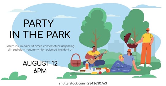 Web banner concept. Summer in the city. People rest in the park, talking with friends, relaxing atmosphere. A men plays the guitar, barbecue a girl eats an apple.. Flat style