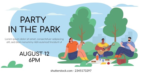 Web banner concept. Summer in the city. People rest in the park, talking with friends, relaxing atmosphere. A man plays the guitar, reading a book, a girl eats a sandwich.. Flat style