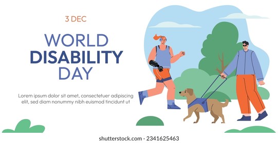 Web banner concept for World Disability day. People with Disability, International Day of Persons with Disabilities.Diversity and Inclusion. Flat vector illustration. Vector illustration