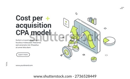 Web banner for cost per acquisition (CPA) model. Isometric vector illustration of digital marketing strategy. Modern template for a business landing page with chart, coins and target icons