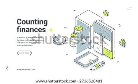 Web banner for counting finances. Isometric vector illustration of a safe with money. Modern template for a landing page about savings and budget. Financial accounting and audit