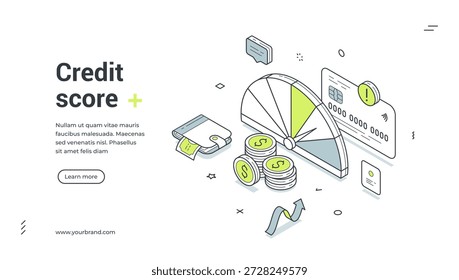 Web banner for credit score. Isometric vector illustration of a financial report with a rating meter and credit card. Modern template for a banking or loan service landing page