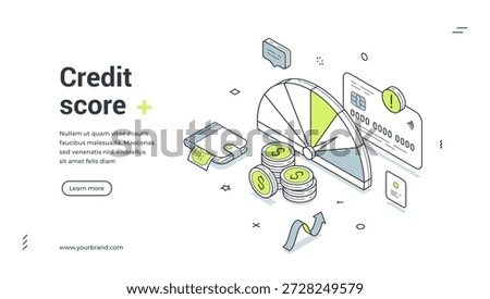 Web banner for credit score. Isometric vector illustration of a financial report with a rating meter and credit card. Modern template for a banking or loan service landing page