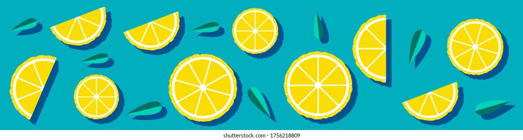 Web banner with cut lemon slices and leaves. Flat vector illustration.