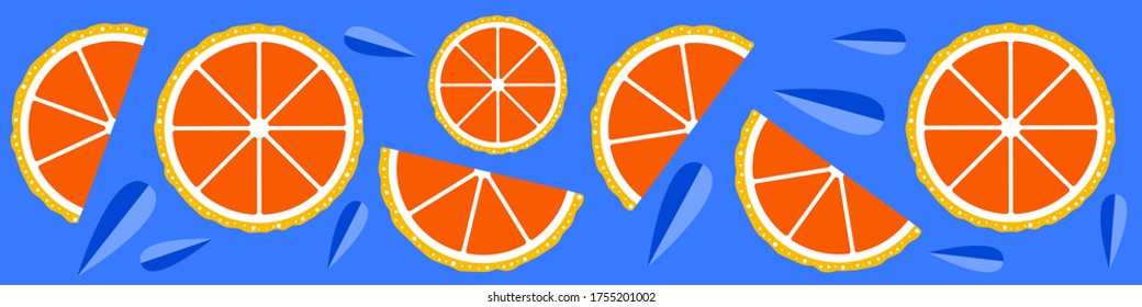 Web banner with cut orange slices and leaves. Flat vector illustration.