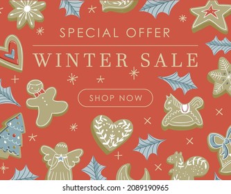Web banner cute design illustration with red background, beige sparkles stars, cookies, holly leaves with Special offer Winter sale Shop now button sign