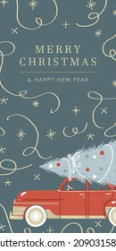 Web banner cute design illustration with blue background, beige sparkles stars, confetti, car with Christmas tree with Merry Christmas and happy new year sign