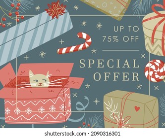 Web banner cute design illustration with dark blue background, golden sparkles stars, cat in the box, gift boxes, pine branches with Special offer 75% off sign