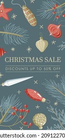 Web banner cute design illustration with blue background, beige sparkles stars, tree toys, coniferous branches with Sale Discounts up to 50% off sign