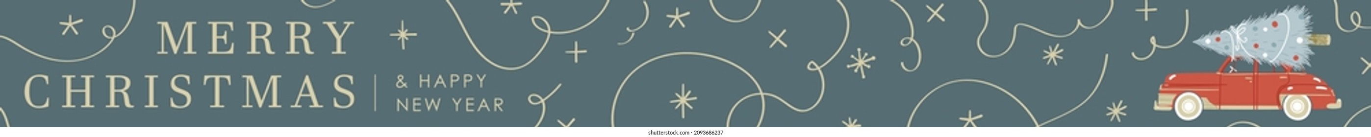 Web banner cute design illustration with blue background, beige sparkles stars, confetti, car with Christmas tree with Merry Christmas and happy new year sign
