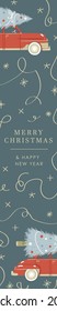 Web banner cute design illustration with blue background, beige sparkles stars, confetti, car with Christmas tree with Merry Christmas and happy new year sign
