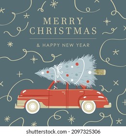 Banner web linda ilustración de diseño con fondo azul, estrellas beige brillante, confeti, auto con árbol de Navidad con Feliz Navidad y feliz signo de año nuevo