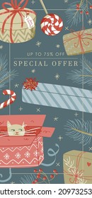 Web banner cute design illustration with dark blue background, golden sparkles stars, cat in the box, gift boxes, pine branches with Special offer 75% off sign