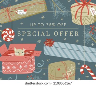 Banner web linda ilustración de diseño con fondo azul oscuro, estrellas brillantes doradas, gato en la caja, cajas de regalo, ramas de pino con oferta especial 75% de signo de apagado
