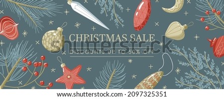 Web banner cute design illustration with blue background, beige sparkles stars, tree toys, coniferous branches with Sale Discounts up to 50% off sign