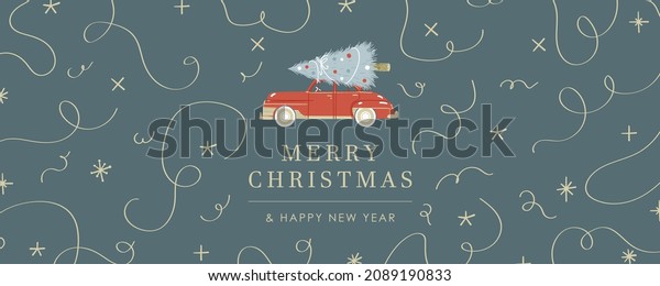 Web banner cute design\
illustration with blue background, beige sparkles stars, confetti,\
car with Christmas tree with Merry Christmas and happy new year\
sign