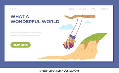 Web banner with cute girl sitting on swing in flat vector illustration isolated on white background with lettering. Rope swing on a tree branch. Child character is enjoying summer vacation