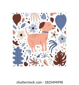 Banner web con perro dibujado a mano, flores y hojas. Textura chilena para tela, textil, prendas de vestir. Ilustración vectorial plana