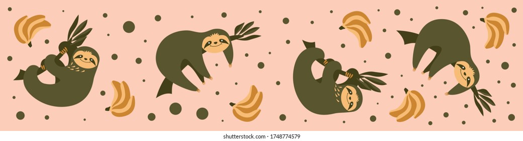 Web banner with cute sloths and bananas. Social media profile background. Flat vector illustration.