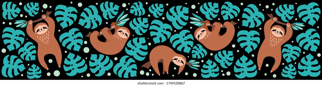 Web banner with cute sloths and monstera leaves. Social media profile background. Cartoon animals on black background. Flat vector illustration.