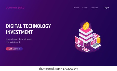Web-Banner mit dekorierten kleinen Menschen Charakter. Seitenvorlage für die Landung. Konzepte für Online-Banking, Investitionen und Wachstumswirtschaft mit moderner Technologie. Vektorgrafik.